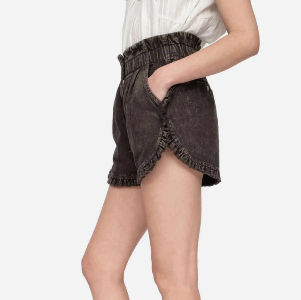 Sea New York Idun High Waisted Acid Wash Ruffle Denim Shorts Gray